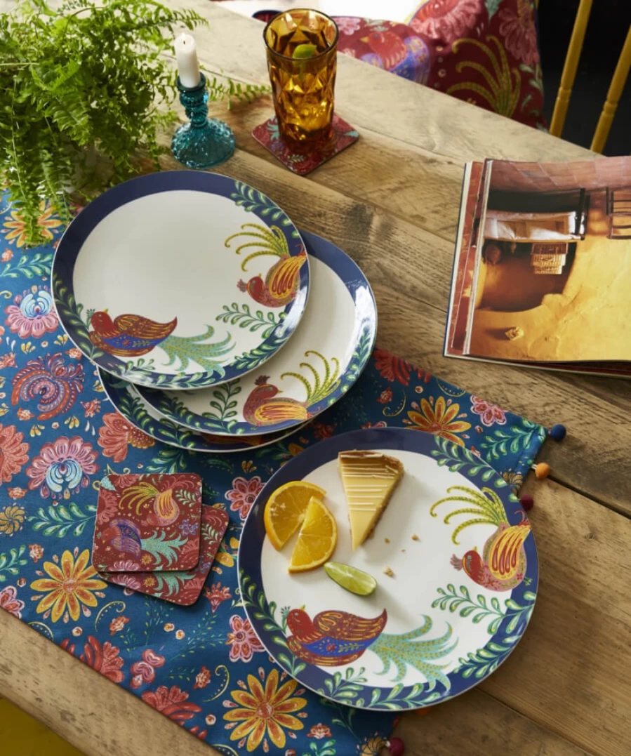 Joe Browns Set Of 4 Multi-Colored Folk Floral Dinner Plates, Floral Design Tableware